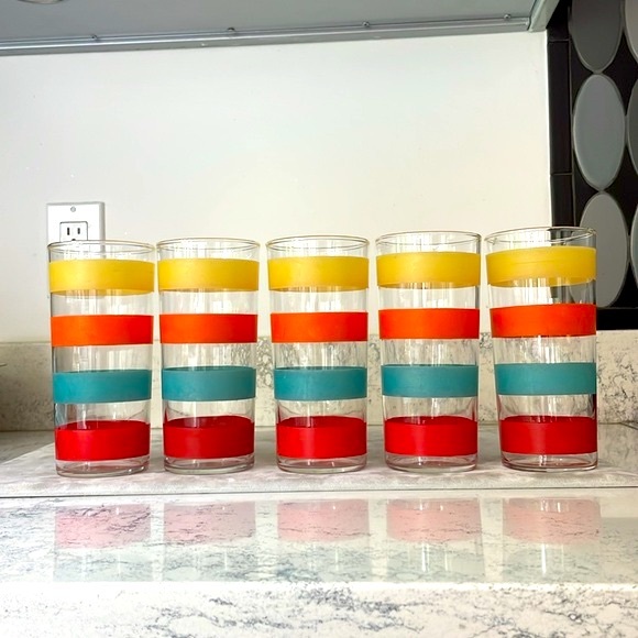 Hazel Atlas Fiesta Stripe Vintage Glasses Matching Set of 5 Circa 1950’s EUC - Picture 1 of 11